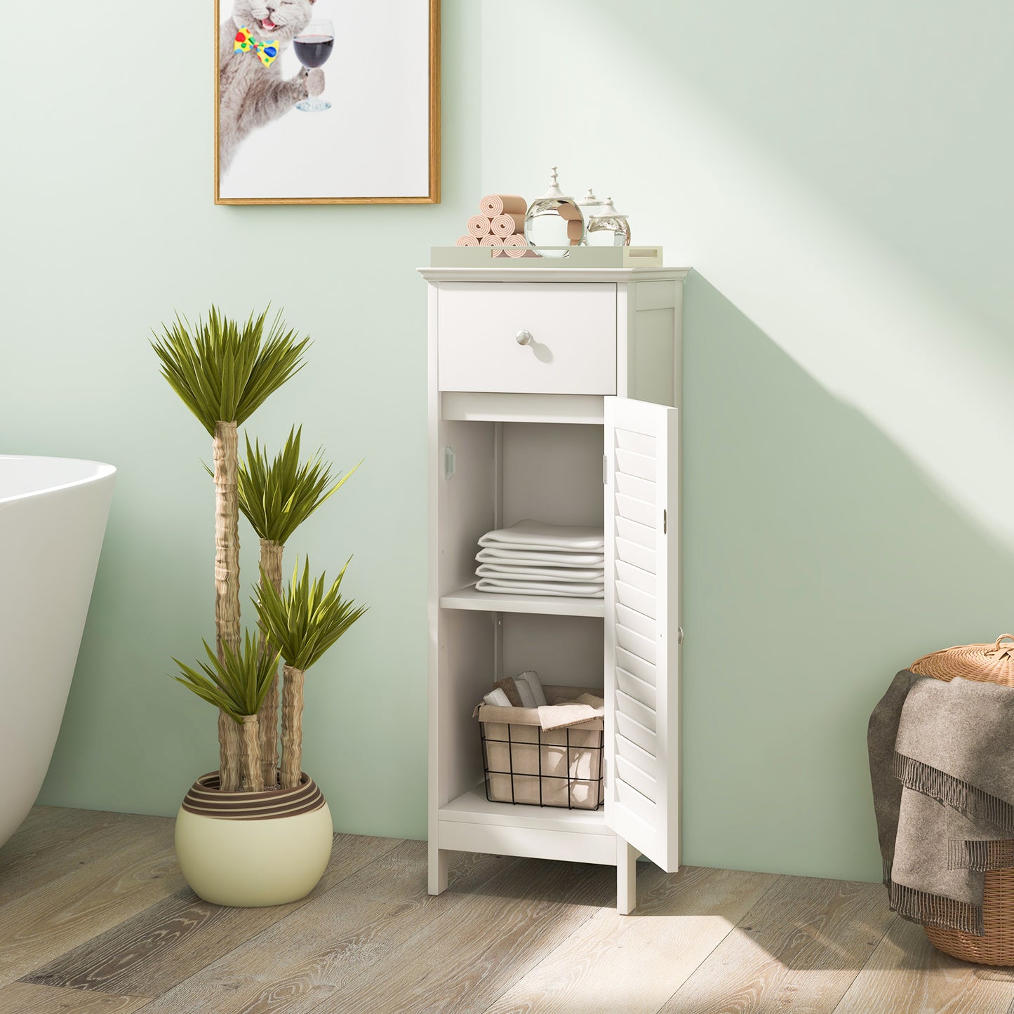 Wooden Bathroom Floor Storage Cabinet, Drawer And Shutter Door, White Floor Cabinets at Gallery Canada