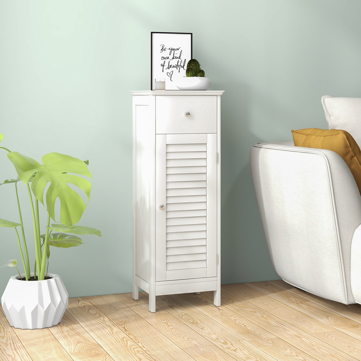 Wooden Bathroom Floor Storage Cabinet, Drawer And Shutter Door, White Floor Cabinets at Gallery Canada