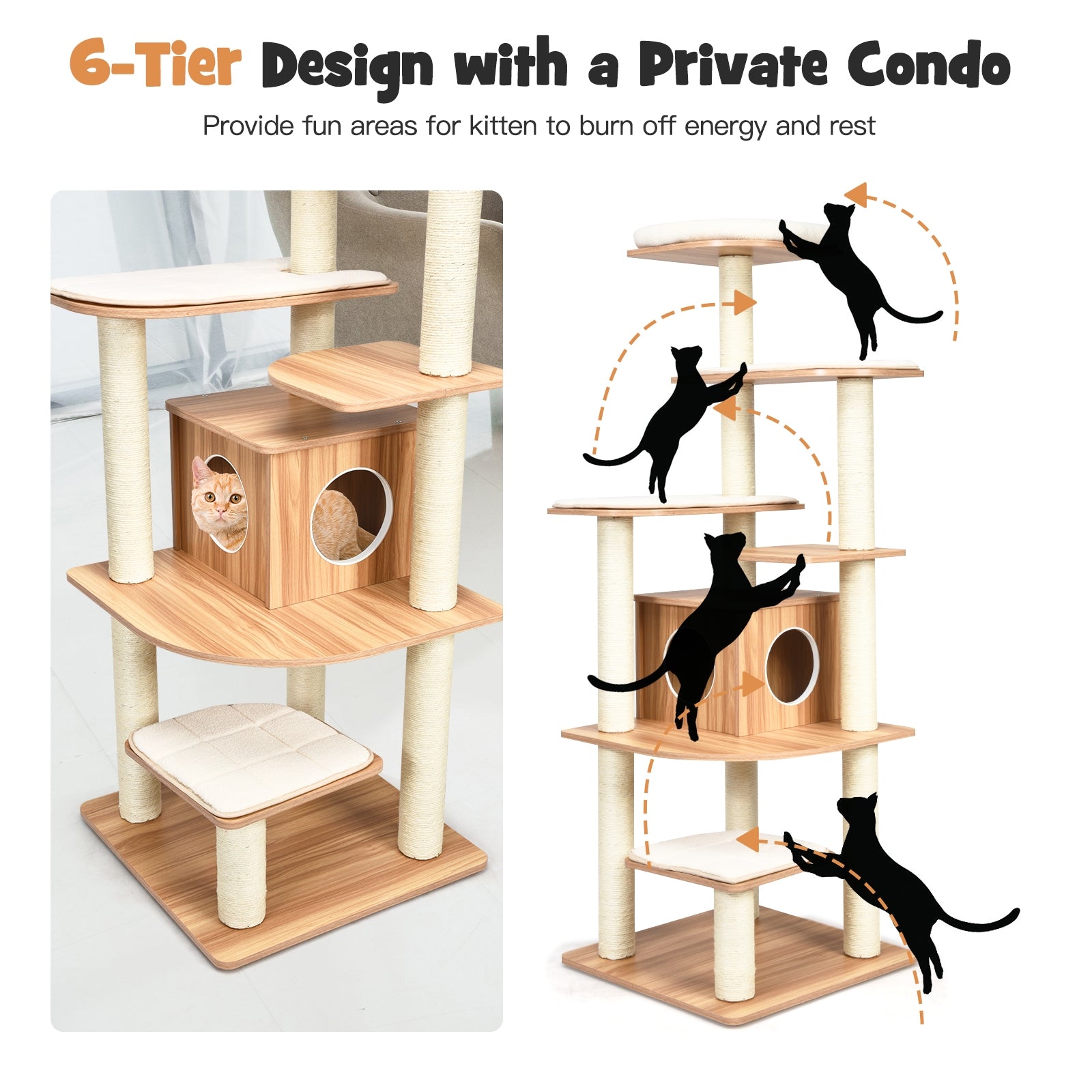 7-Layer Wooden Cat Tree, Tall Cat Tower, Sisal Posts, Condo, Natural Cat Trees Condos & Scratchers at Gallery Canada