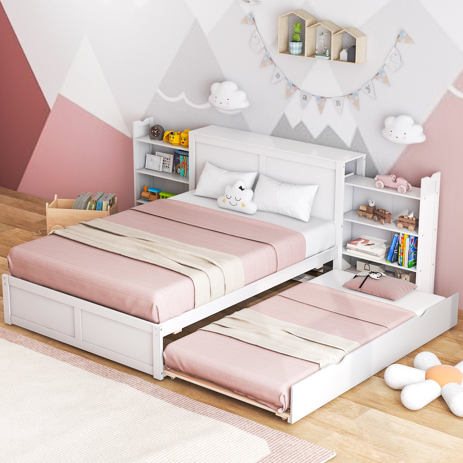 Kids Wooden Platform Bed With Trundle Storage Headboard, Full Size, White Simple Bed Frame at Gallery Canada