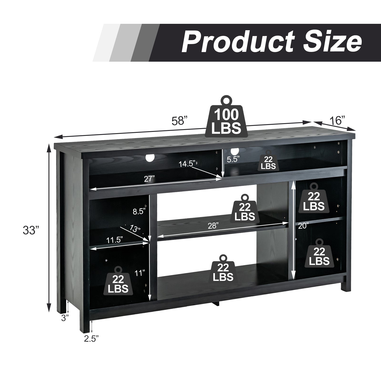 58 Inch TV Stand With Adjustable Shelves, Black Entertainment Centers & TV Stands at Gallery Canada