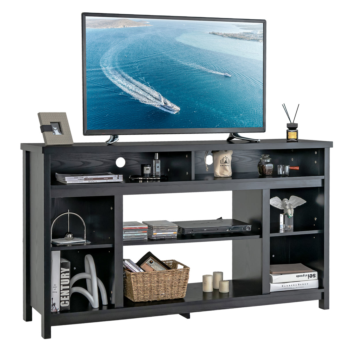 58 Inch TV Stand With Adjustable Shelves, Black Entertainment Centers & TV Stands at Gallery Canada