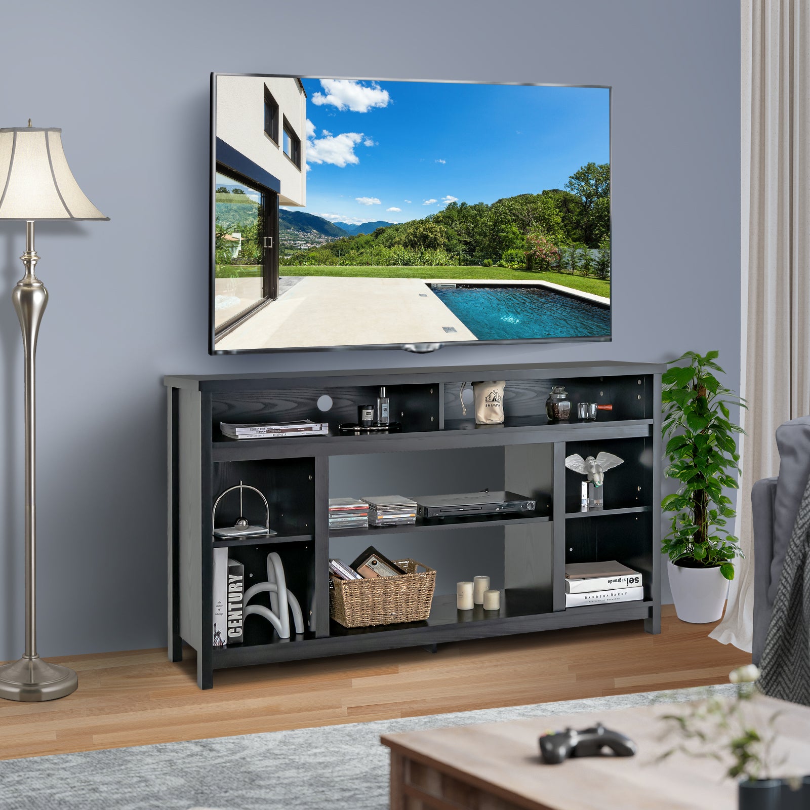 58 Inch TV Stand With Adjustable Shelves, Black Entertainment Centers & TV Stands at Gallery Canada
