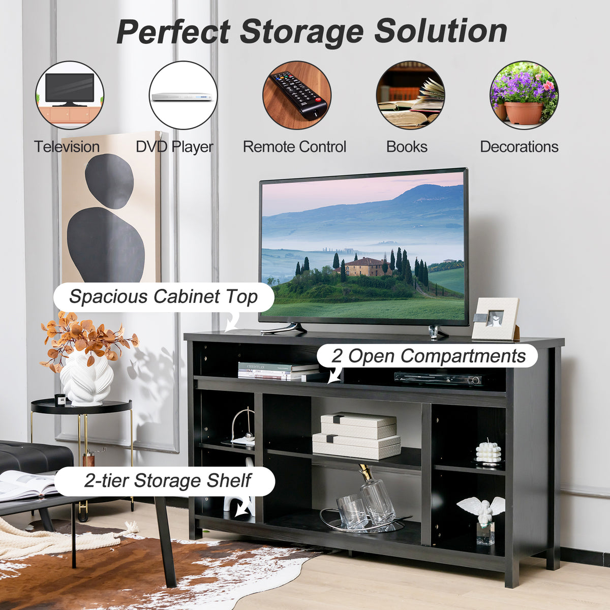 58 Inch TV Stand With Adjustable Shelves, Black Entertainment Centers & TV Stands at Gallery Canada
