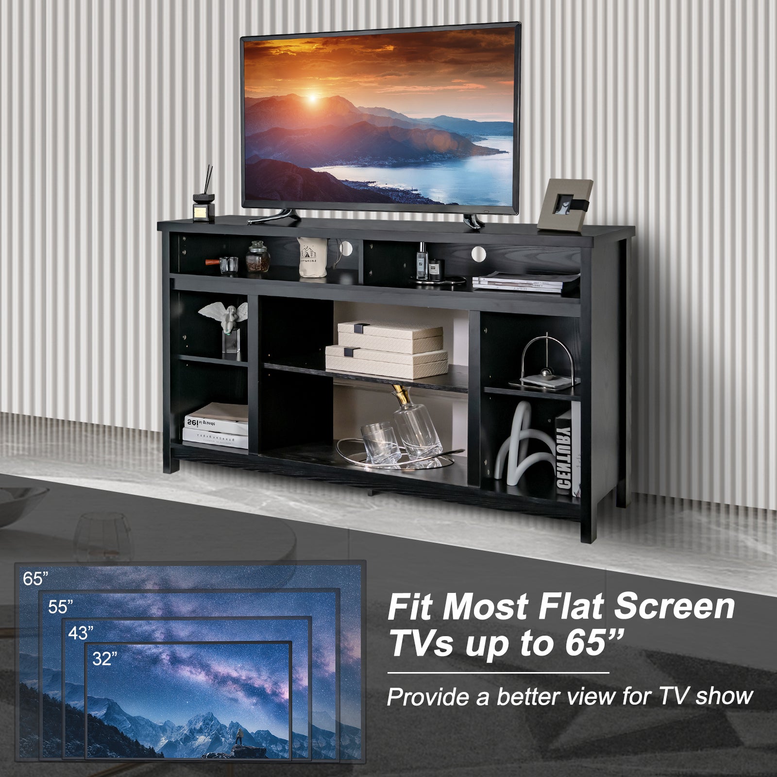 58 Inch TV Stand With Adjustable Shelves, Black Entertainment Centers & TV Stands at Gallery Canada