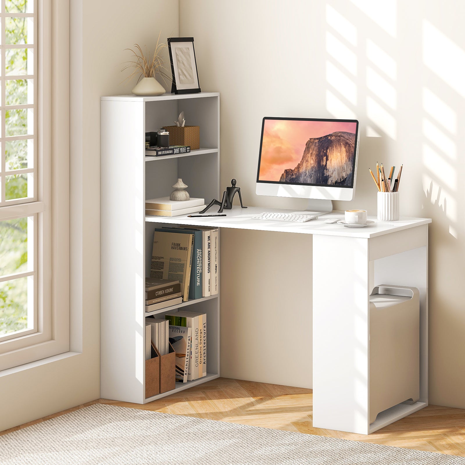 Computer Desk With 6-Tier Storage Shelves, White Computer Desks at Gallery Canada