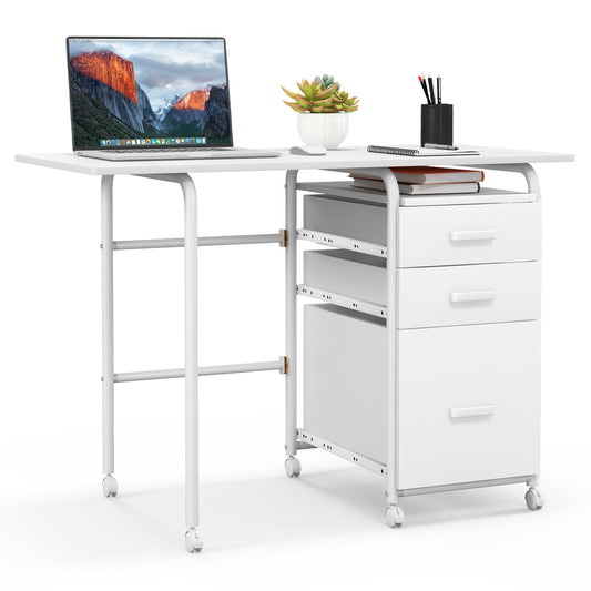 Folding Computer Desk With Wheels, 3 Drawers, White Writing Desks White at Gallery Canada