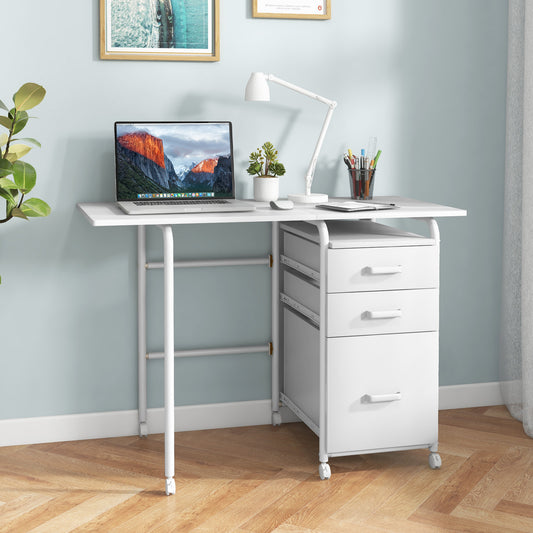 Folding Computer Desk With Wheels, 3 Drawers, White Writing Desks White at Gallery Canada
