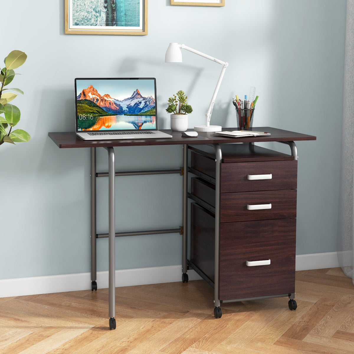 Folding Computer Laptop Desk, Wheeled, Brown Writing Desks at Gallery Canada