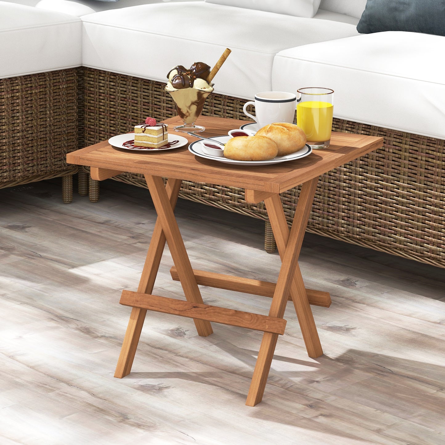 Square Folding Table, Teak Wood Slatted Tabletop, Portable Picnic, Teal Patio Coffee Tables at Gallery Canada