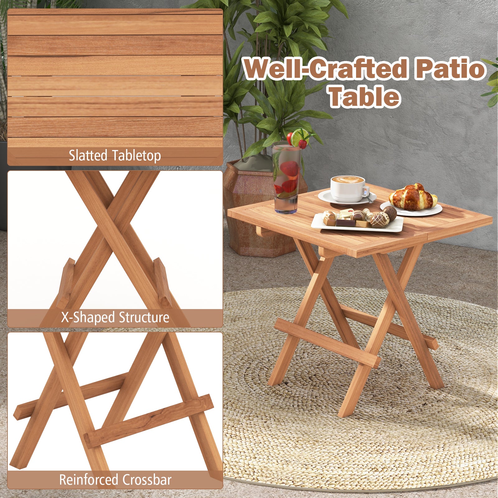 Square Folding Table, Teak Wood Slatted Tabletop, Portable Picnic, Teal Patio Coffee Tables at Gallery Canada