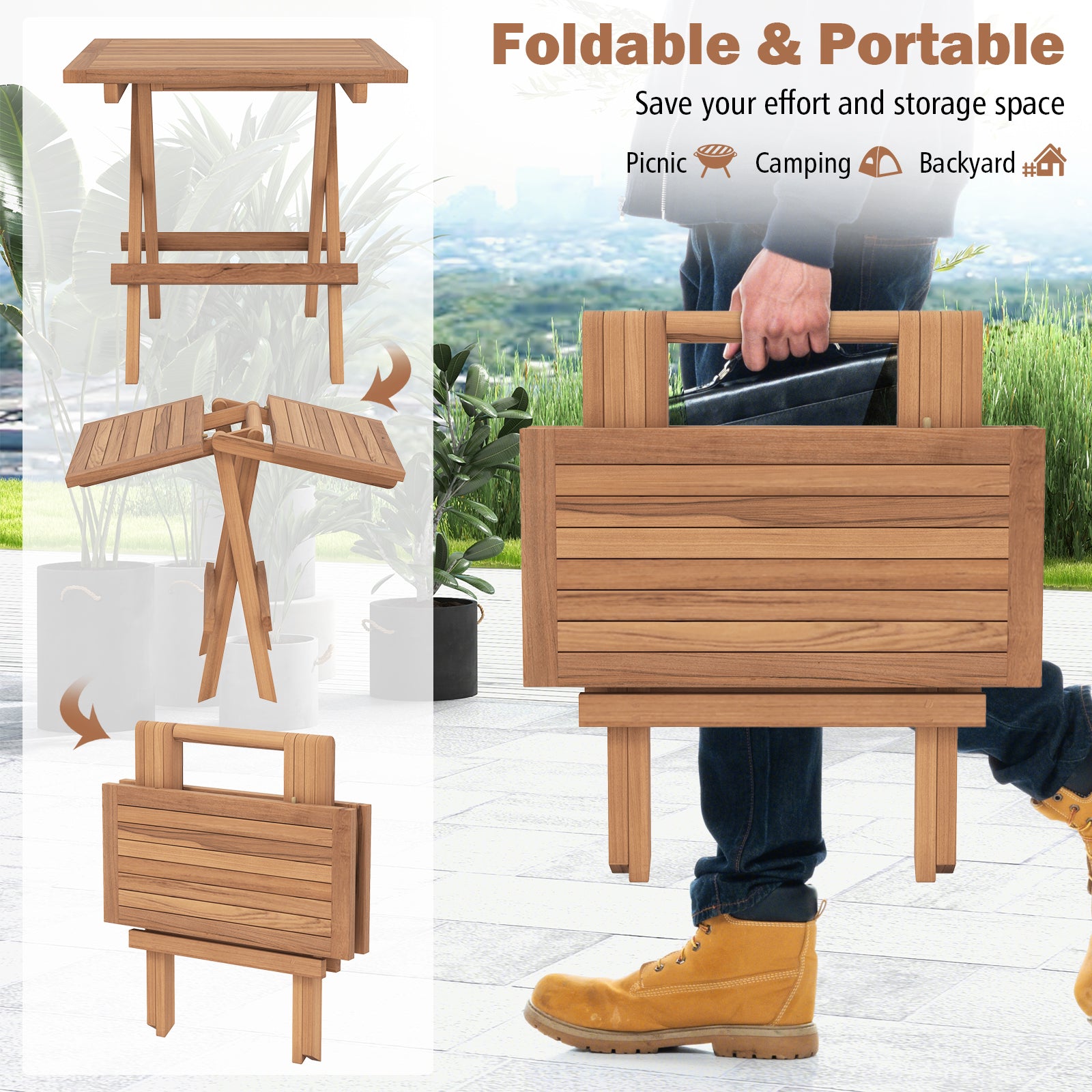 Square Folding Table, Teak Wood Slatted Tabletop, Portable Picnic, Teal Patio Coffee Tables at Gallery Canada