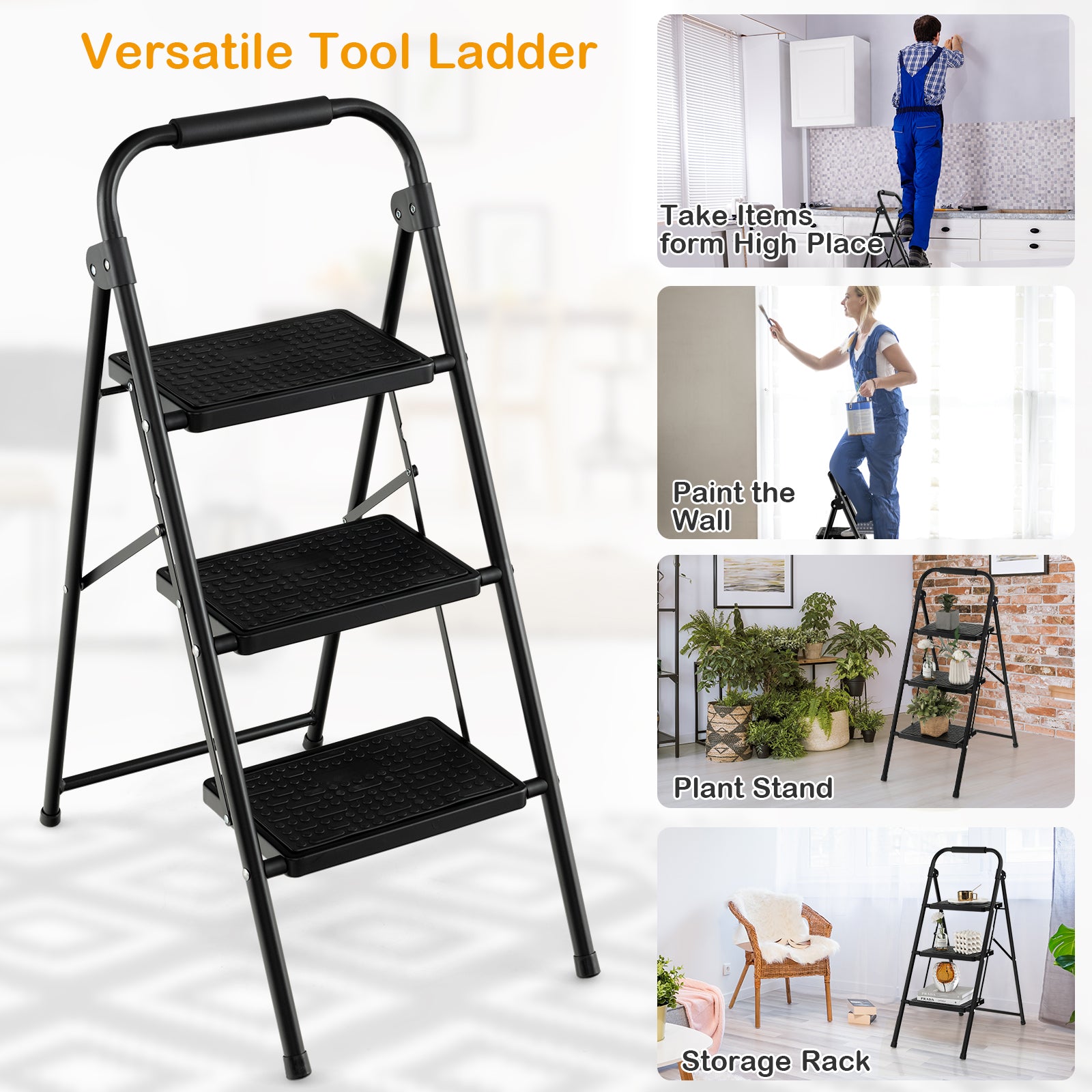 3-Step Ladder, Wide Anti-Slip Pedal, Black Ladders at Gallery Canada