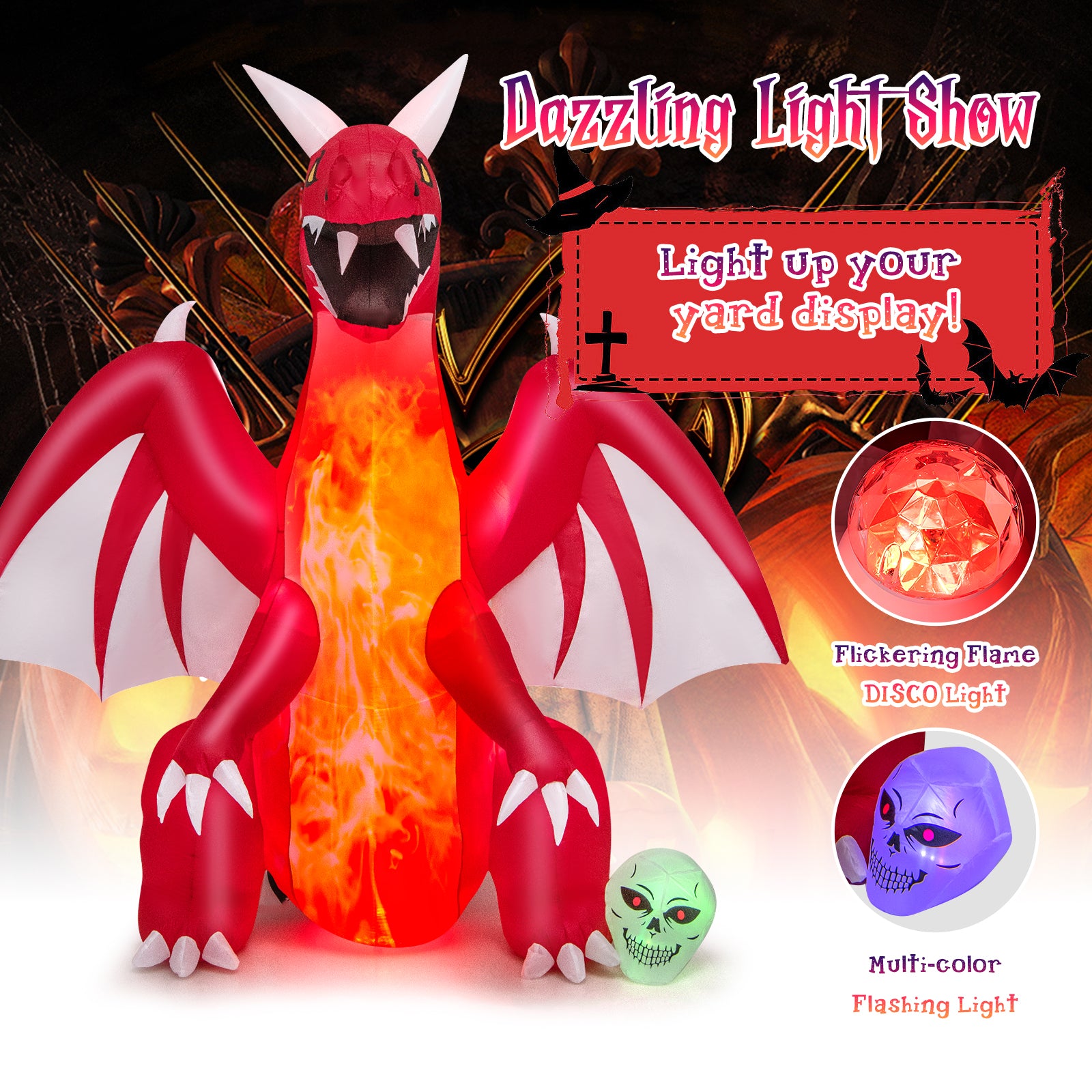 8 Feet Halloween Inflatable Dragon With Wings, Skull, Red Halloween at Gallery Canada
