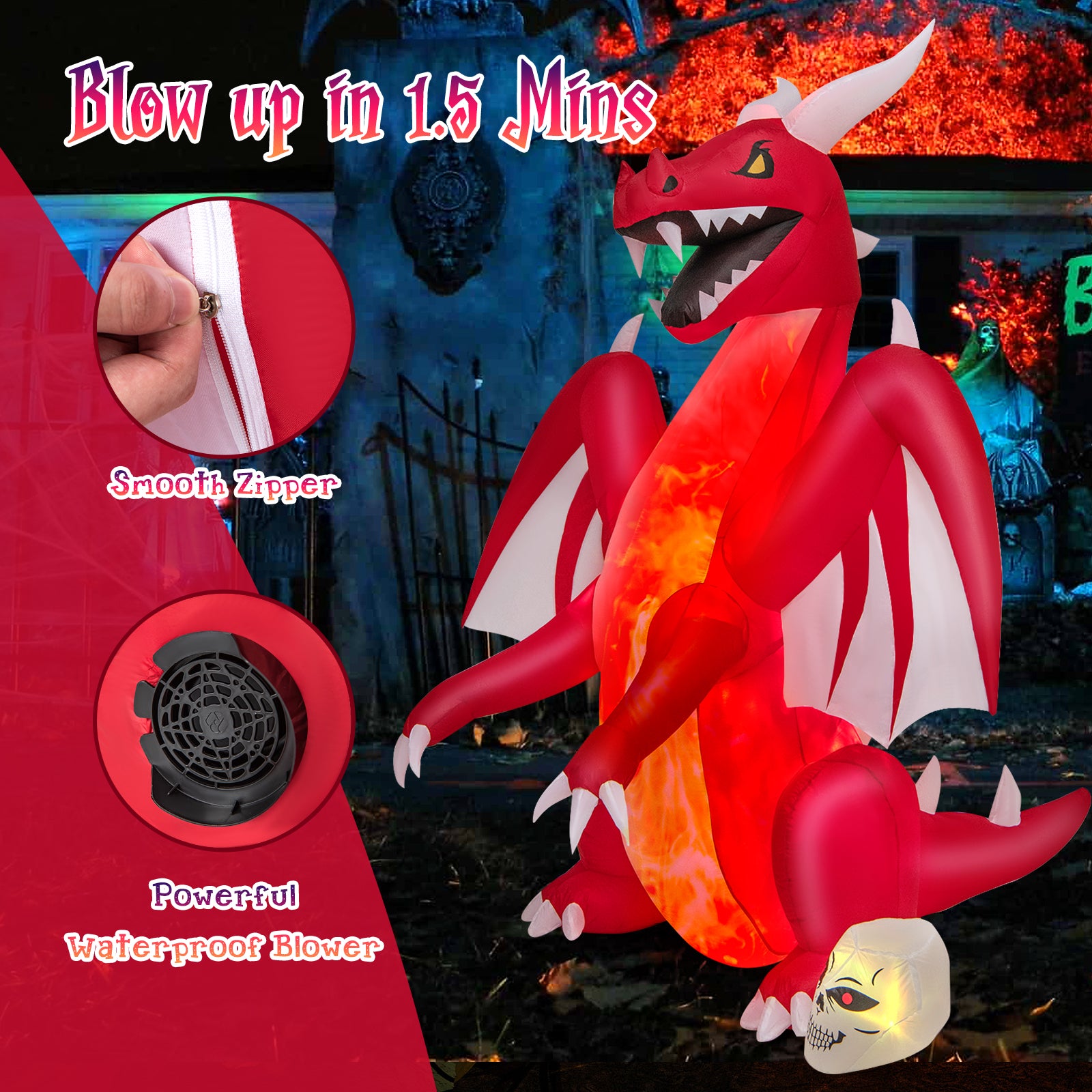 8 Feet Halloween Inflatable Dragon With Wings, Skull, Red Halloween at Gallery Canada
