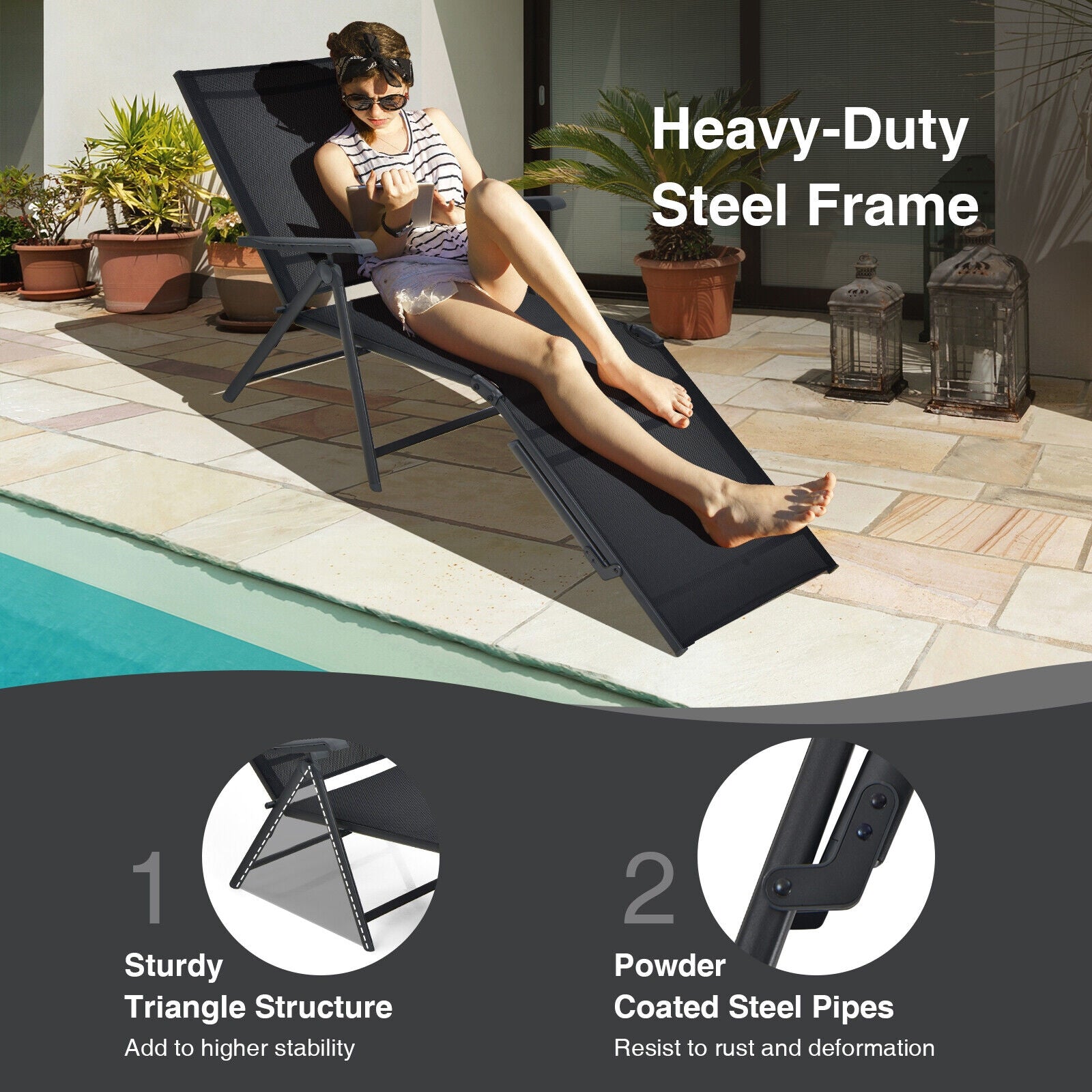 Foldable Chaise Lounge Chair, 2-Position Footrest, Black Outdoor Chaise Lounges at Gallery Canada