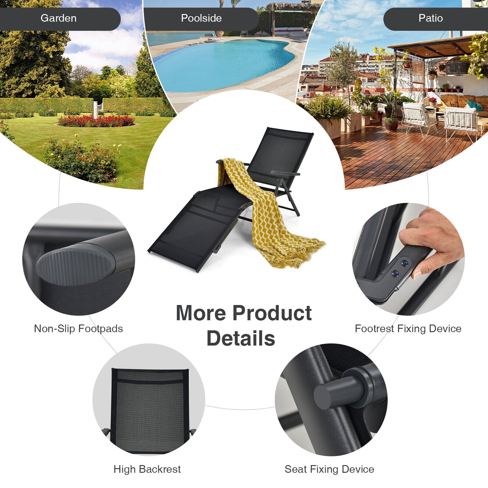 Foldable Chaise Lounge Chair, 2-Position Footrest, Black Outdoor Chaise Lounges at Gallery Canada