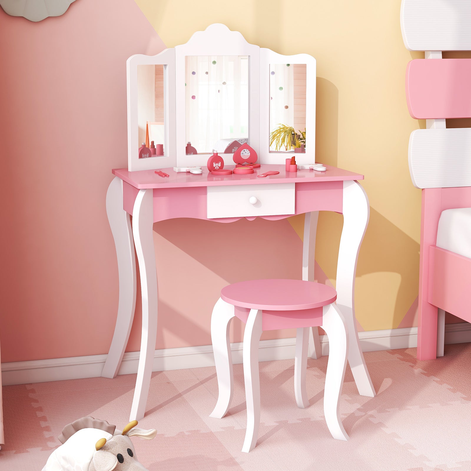 Kids Wooden Vanity Table, Stool Set, 3-Panel Acrylic Mirror, White Kids Vanities at Gallery Canada