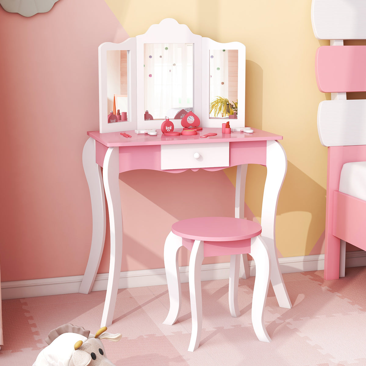 Kids Wooden Vanity Table, Stool Set, 3-Panel Acrylic Mirror, White Kids Vanities at Gallery Canada