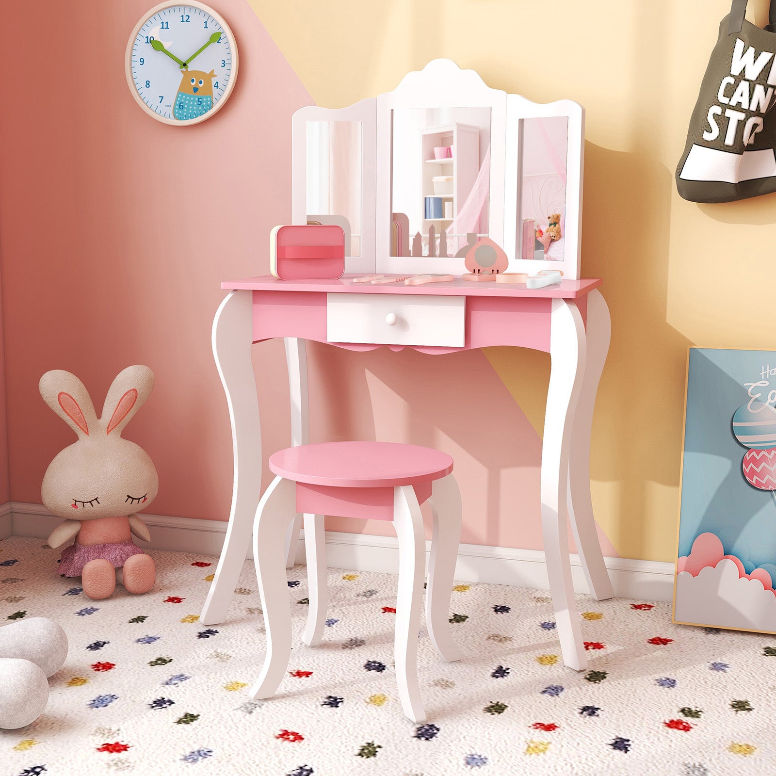 Kids Wooden Vanity Table, Stool Set, 3-Panel Acrylic Mirror, White Kids Vanities at Gallery Canada