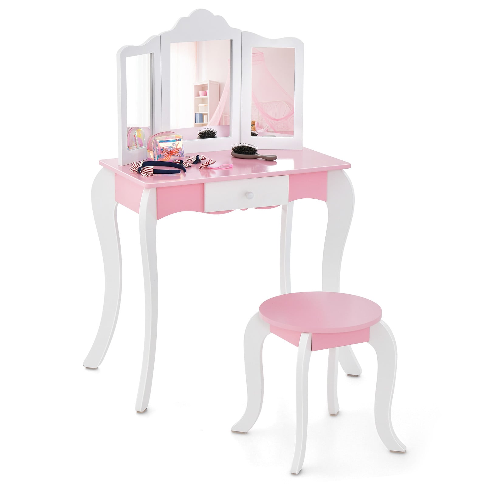 Kids Wooden Vanity Table, Stool Set, 3-Panel Acrylic Mirror, White Kids Vanities at Gallery Canada