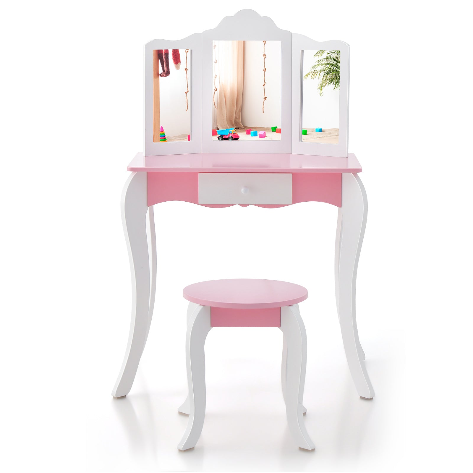 Kids Wooden Vanity Table, Stool Set, 3-Panel Acrylic Mirror, White Kids Vanities at Gallery Canada