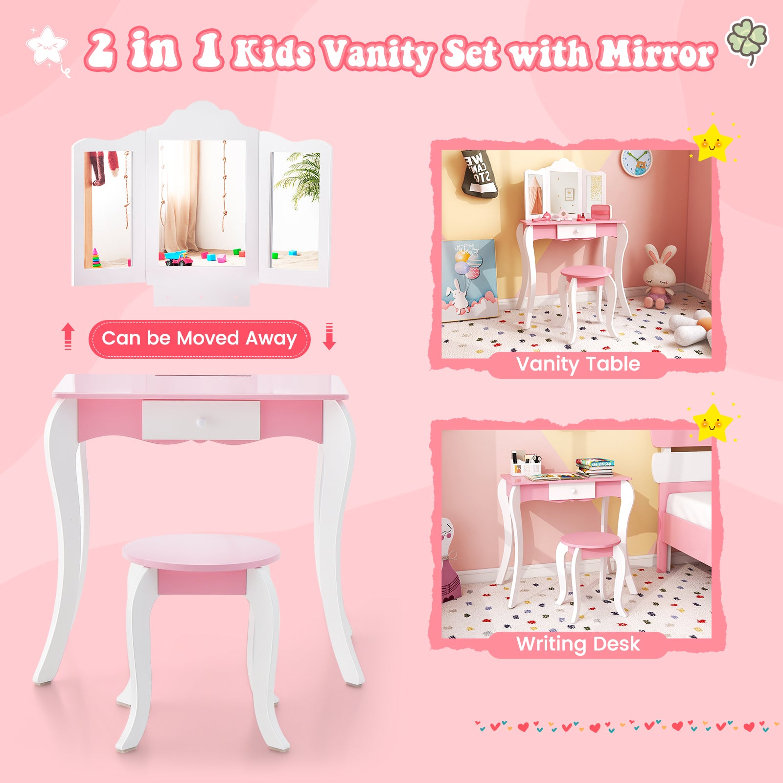Kids Wooden Vanity Table, Stool Set, 3-Panel Acrylic Mirror, White Kids Vanities at Gallery Canada