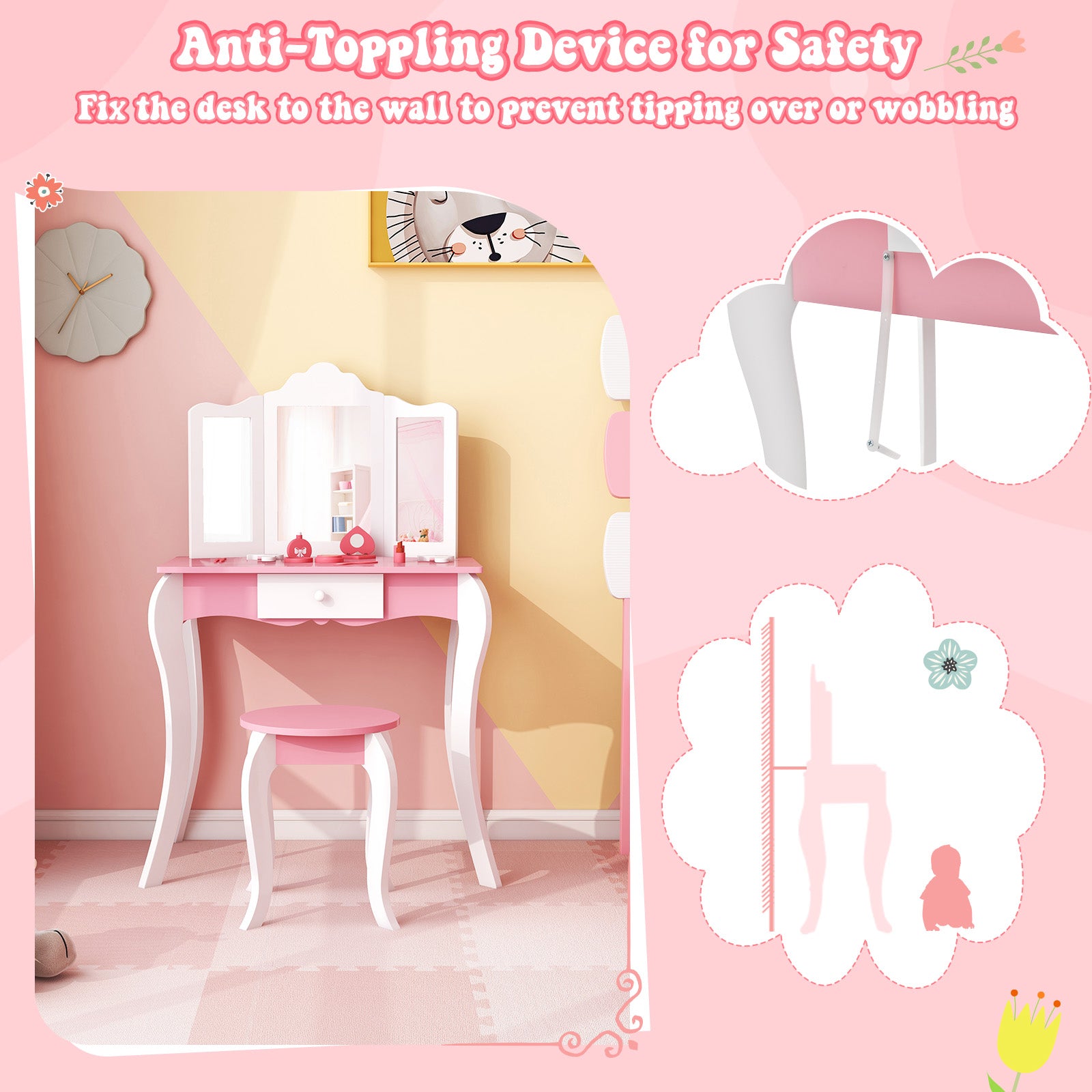 Kids Wooden Vanity Table, Stool Set, 3-Panel Acrylic Mirror, White Kids Vanities at Gallery Canada