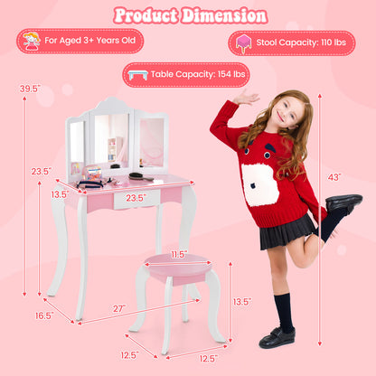 Kids Wooden Vanity Table, Stool Set, 3-Panel Acrylic Mirror, White Kids Vanities at Gallery Canada