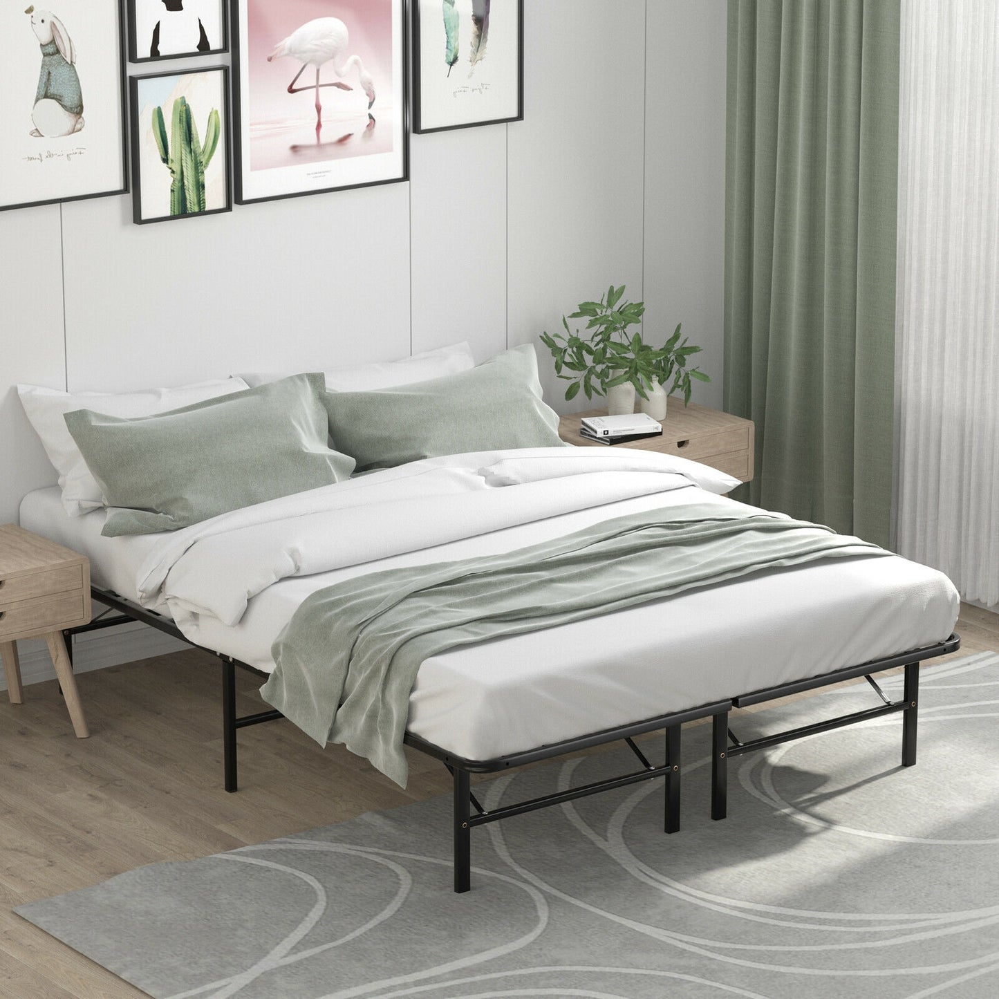 Queen Size Foldable Metal Platform Bed, Tool-Free Assembly, Black Simple Bed Frame at Gallery Canada