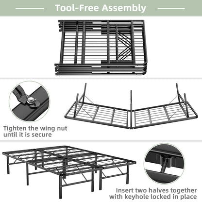Queen Size Foldable Metal Platform Bed, Tool-Free Assembly, Black Simple Bed Frame at Gallery Canada