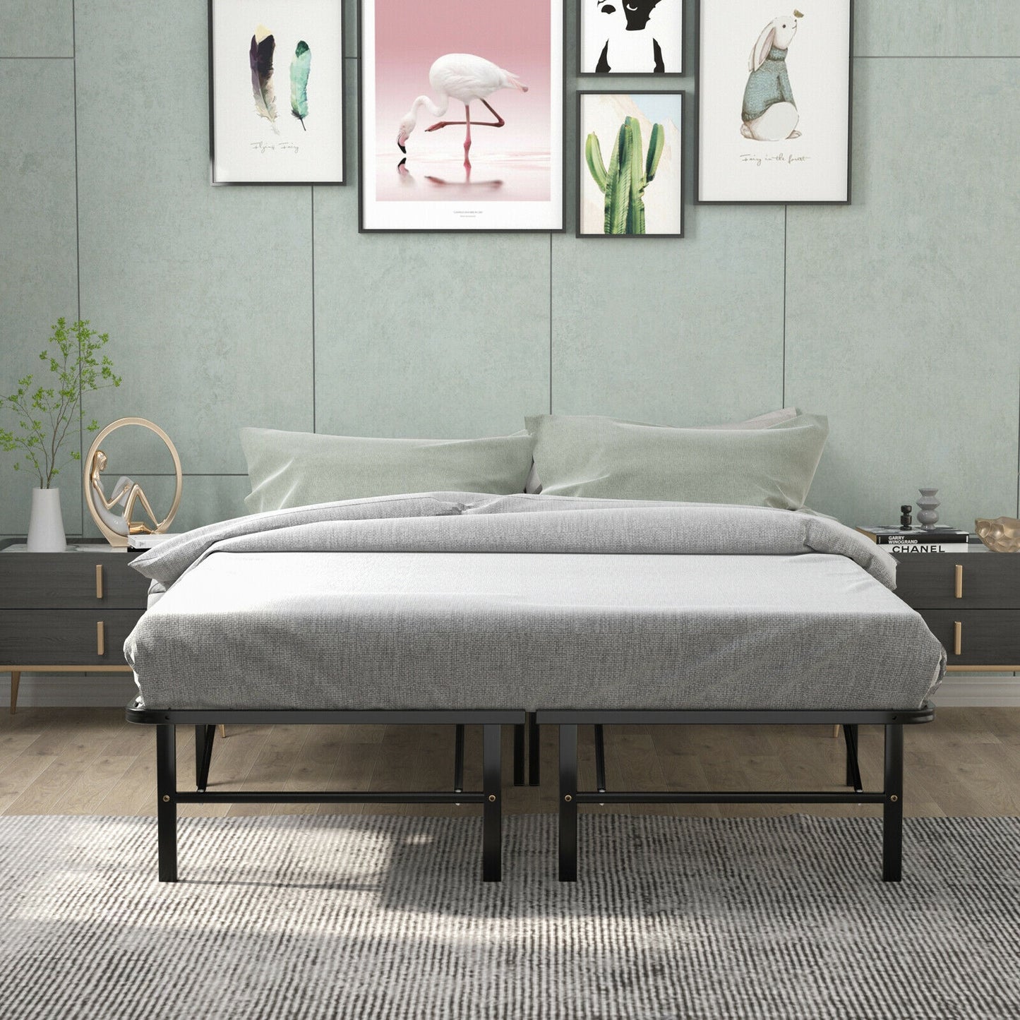 Queen Size Foldable Metal Platform Bed, Tool-Free Assembly, Black Simple Bed Frame at Gallery Canada