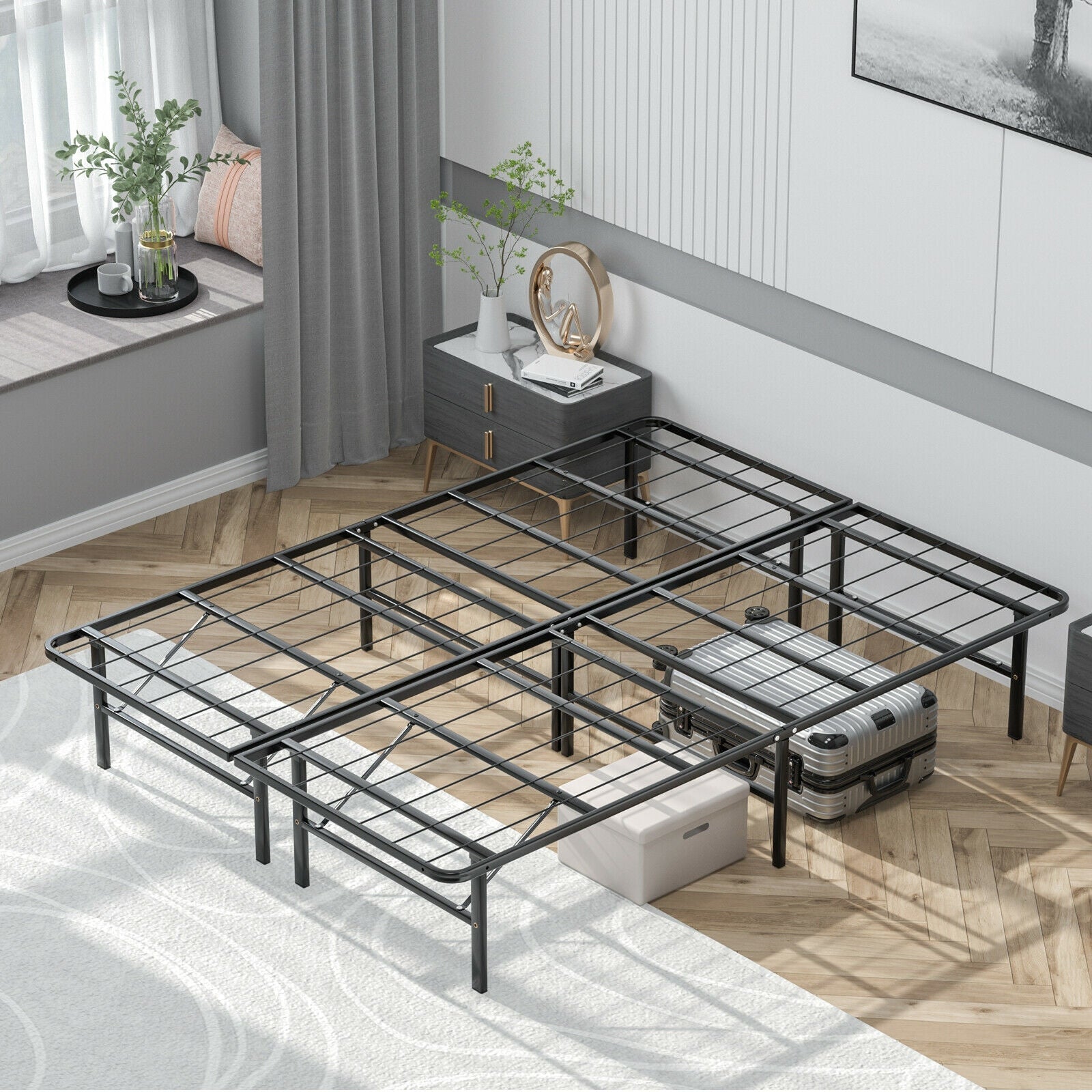 Queen Size Foldable Metal Platform Bed, Tool-Free Assembly, Black Simple Bed Frame at Gallery Canada