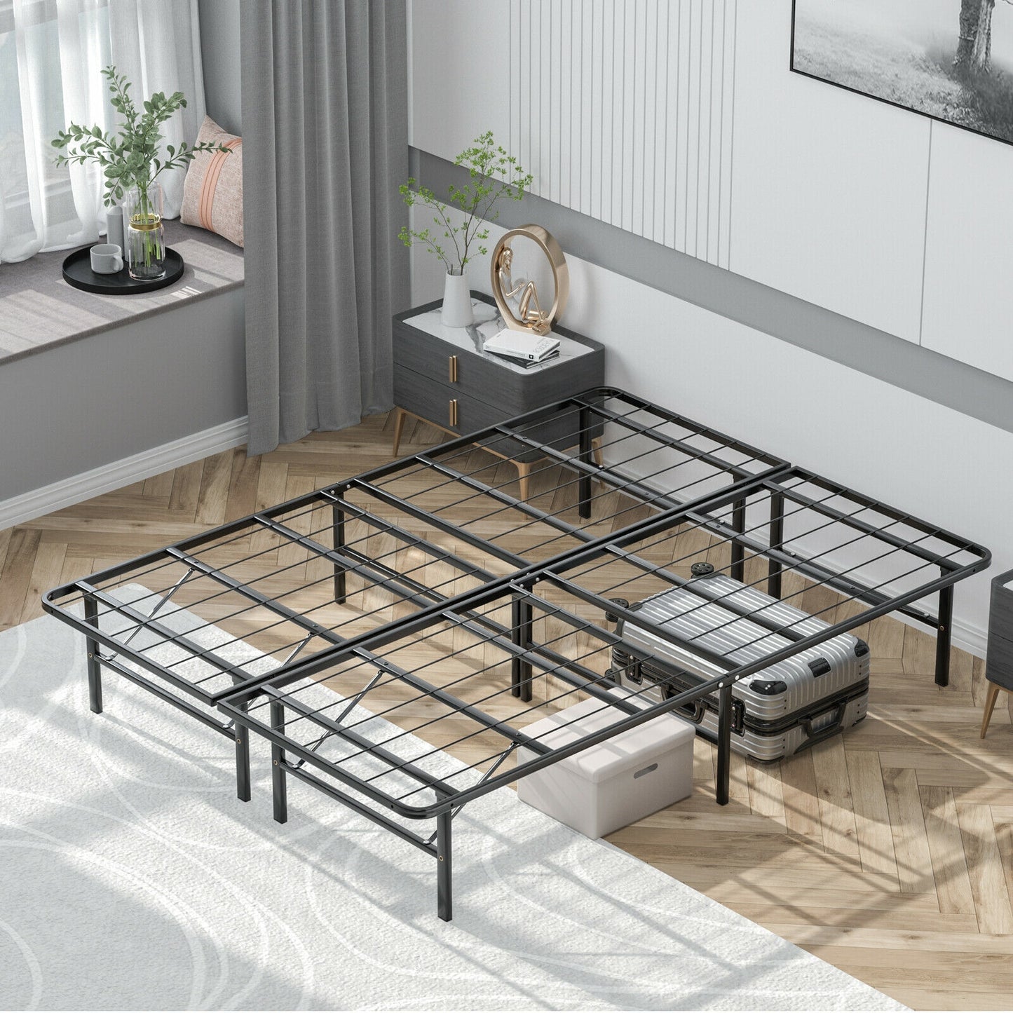 Queen Size Foldable Metal Platform Bed, Tool-Free Assembly, Black Simple Bed Frame at Gallery Canada