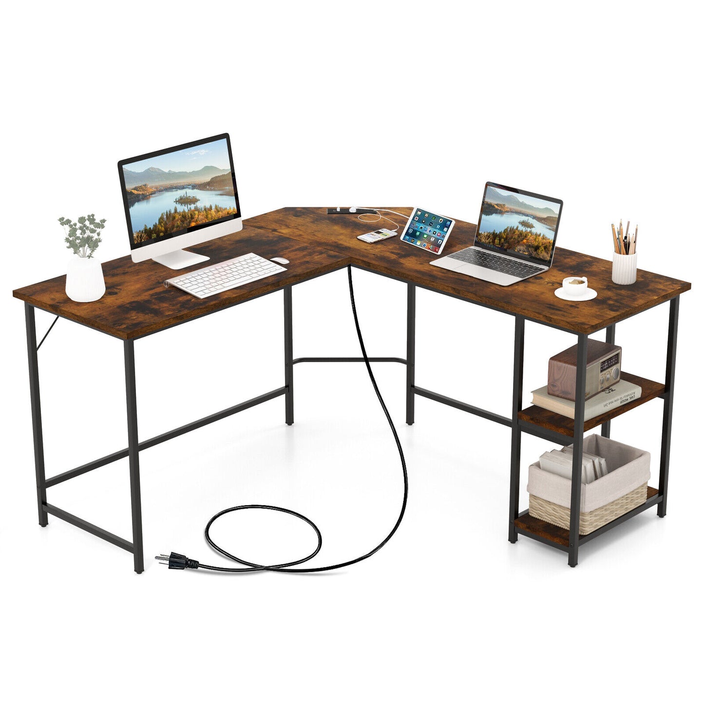 L Shaped Computer Desk With Outlets And USB Ports, Brown L-Shaped Desks at Gallery Canada