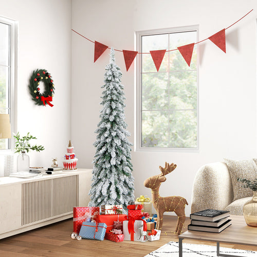 Pre-Lit Artificial Christmas Tree, Snow-Flocked Slim Pencil, 5 ft, White