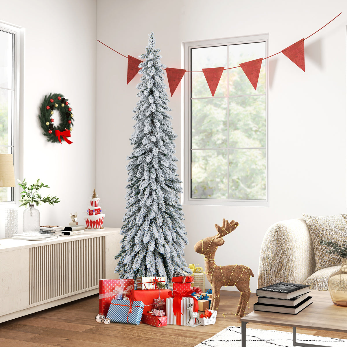6 Ft Pre-Lit Snow Flocked Artificial Slim Pencil Christmas Tree, White Christmas Tree at Gallery Canada