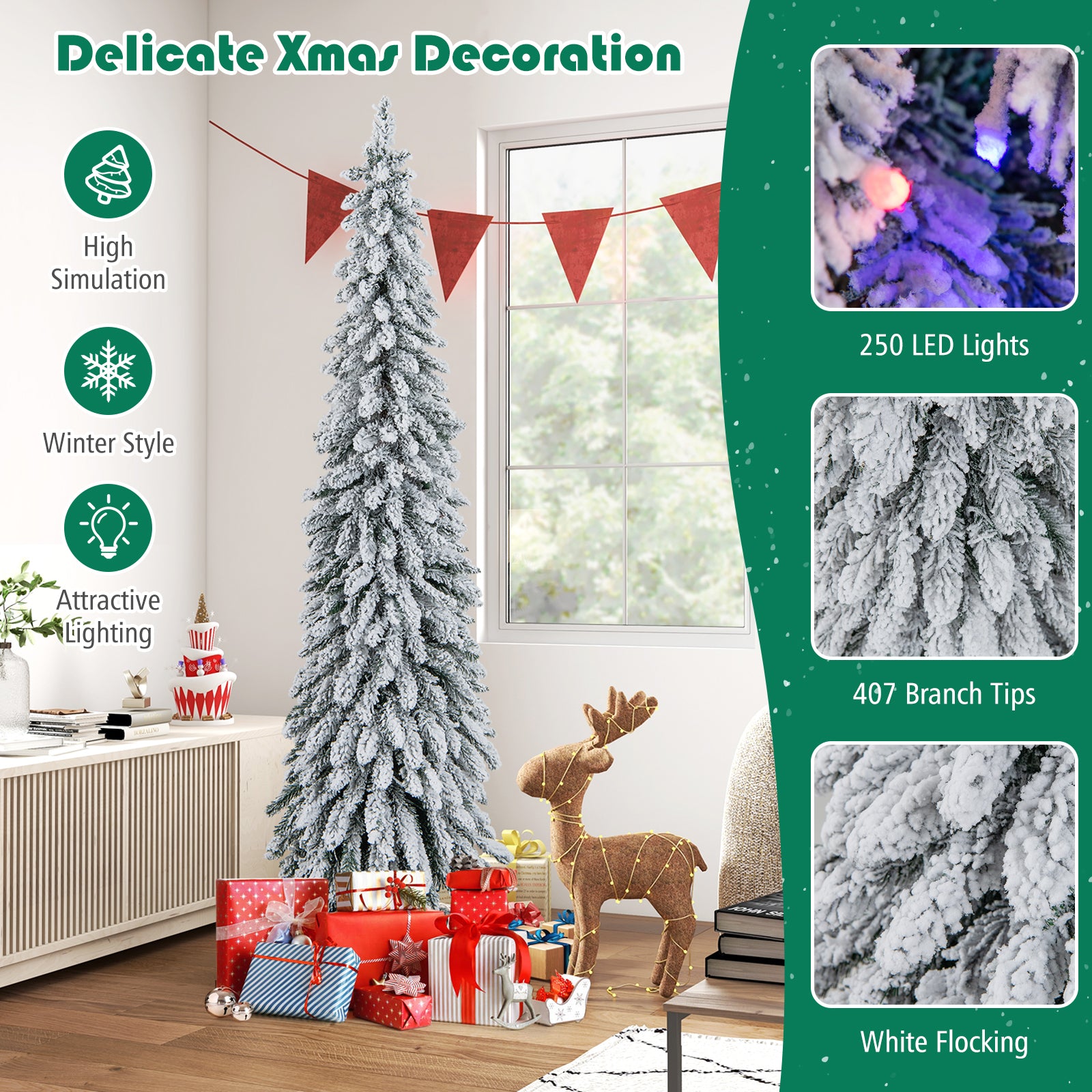 6 Ft Pre-Lit Snow Flocked Artificial Slim Pencil Christmas Tree, White Christmas Tree at Gallery Canada