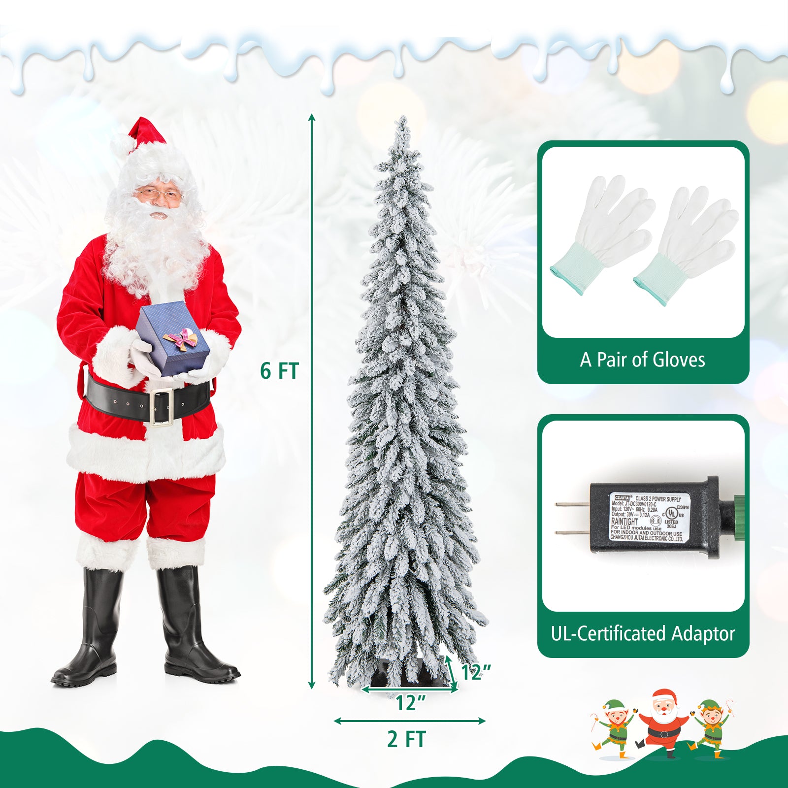 6 Ft Pre-Lit Snow Flocked Artificial Slim Pencil Christmas Tree, White Christmas Tree at Gallery Canada