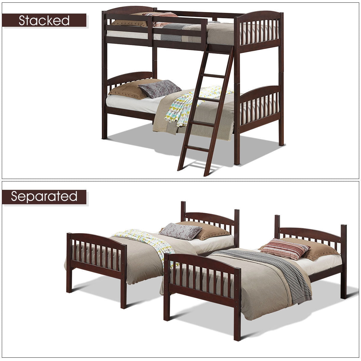 Solid Wood Twin Bunk Bed, Detachable Ladder, Brown Bunk Bed Frame at Gallery Canada