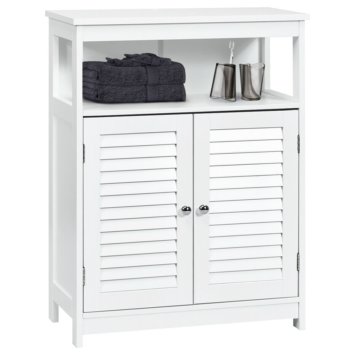 Wood Freestanding Bathroom Storage Cabinet, Double Shutter Door, White Floor Cabinets at Gallery Canada