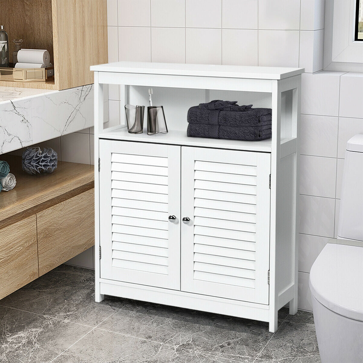 Wood Freestanding Bathroom Storage Cabinet, Double Shutter Door, White Floor Cabinets at Gallery Canada