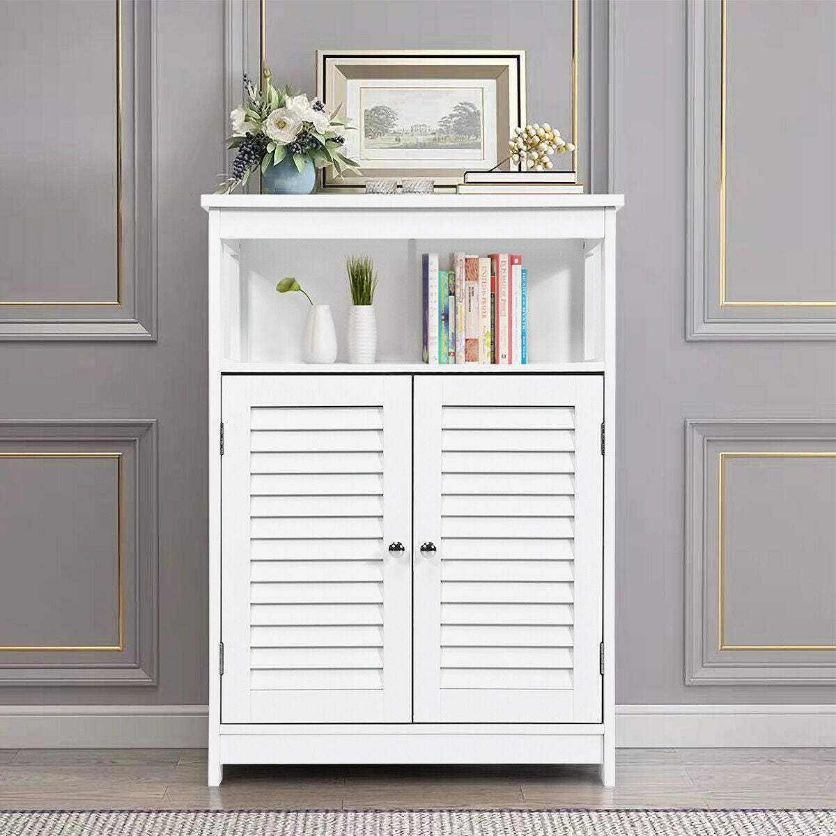Wood Freestanding Bathroom Storage Cabinet, Double Shutter Door, White Floor Cabinets at Gallery Canada