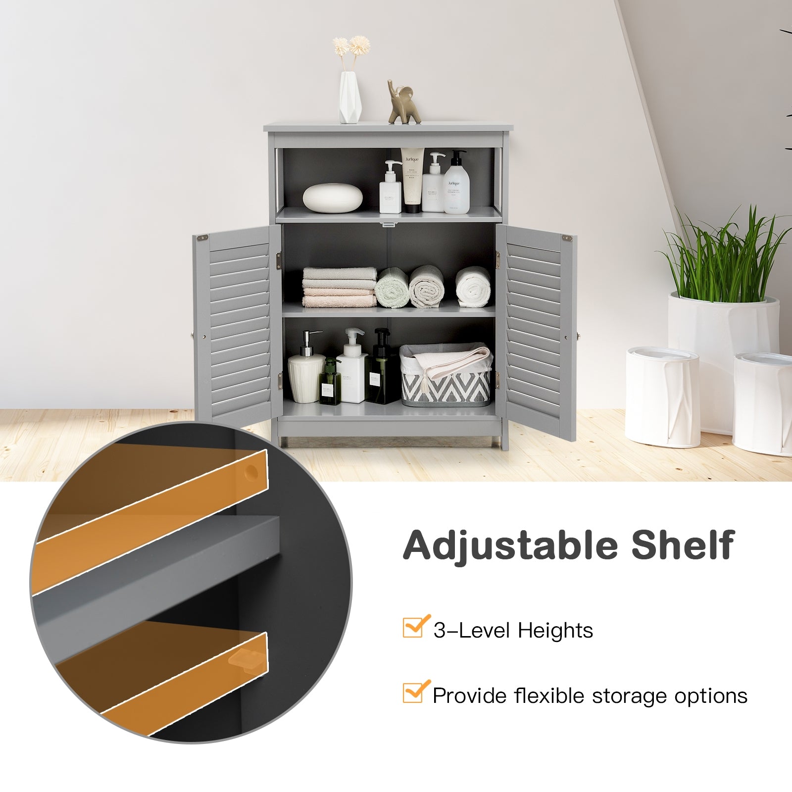 Wood Freestanding Bathroom Storage Cabinet with Double Shutter Door, Gray Floor Cabinets at Gallery Canada