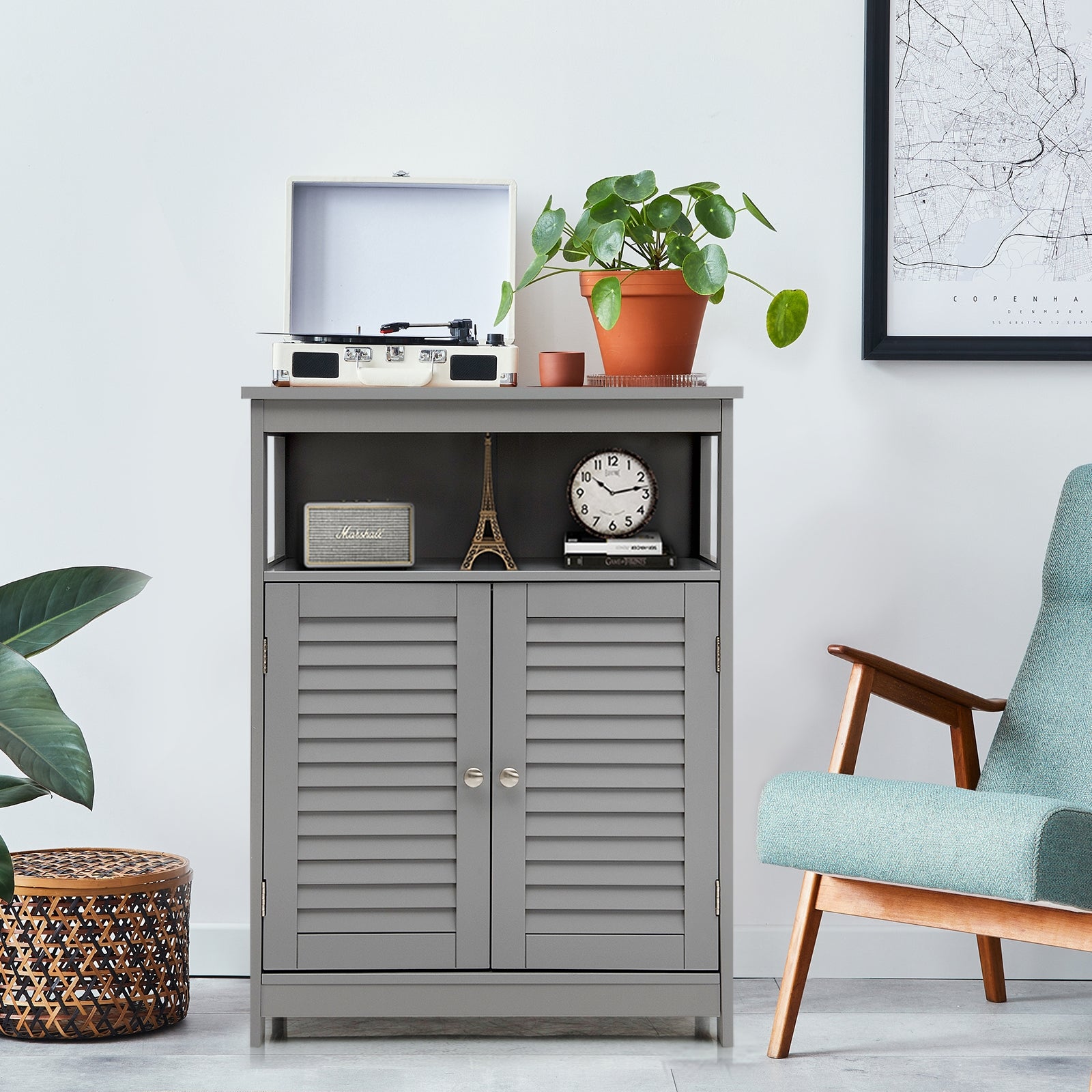 Wood Freestanding Bathroom Storage Cabinet with Double Shutter Door, Gray Floor Cabinets at Gallery Canada