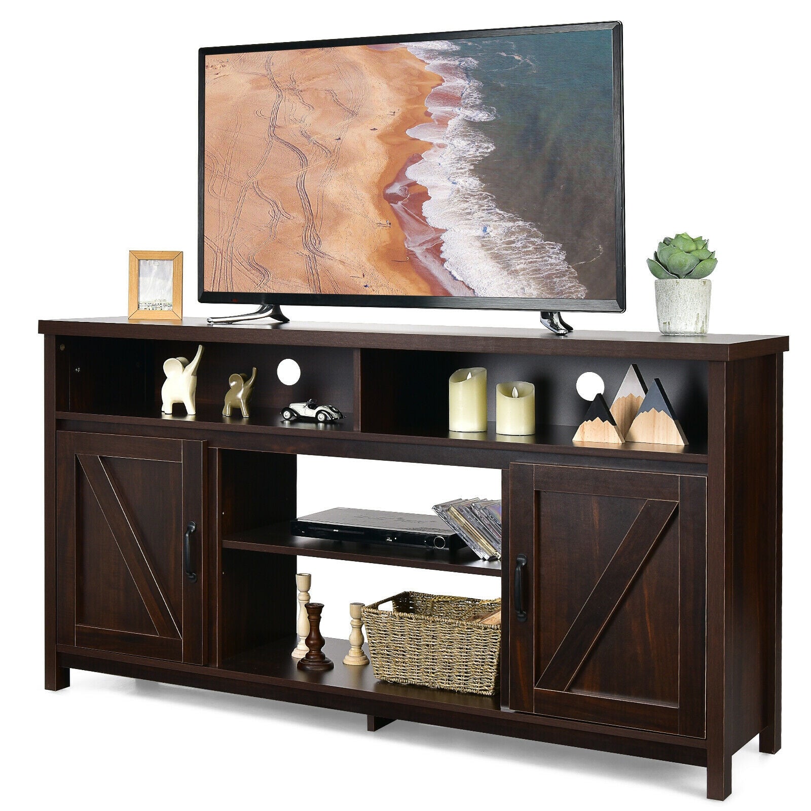 59 Inch TV Stand Media Console Cabinet, Barn Door, Brown Entertainment Centers & TV Stands at Gallery Canada
