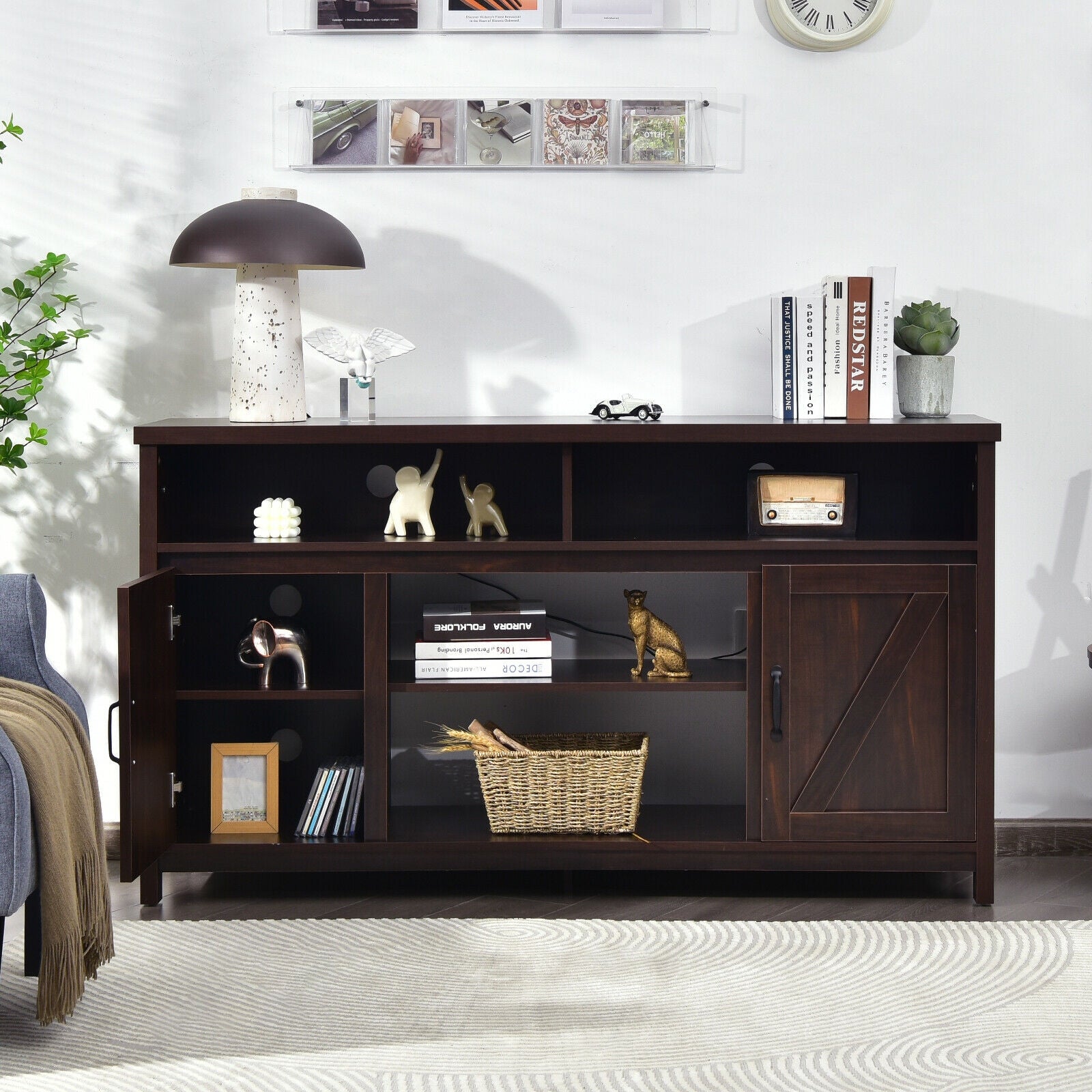 59 Inch TV Stand Media Console Cabinet, Barn Door, Brown Entertainment Centers & TV Stands at Gallery Canada