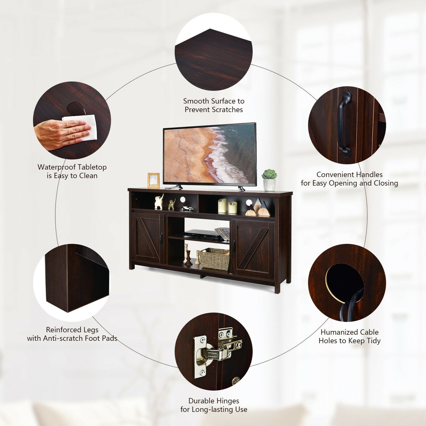 59 Inch TV Stand Media Console Cabinet, Barn Door, Brown Entertainment Centers & TV Stands at Gallery Canada