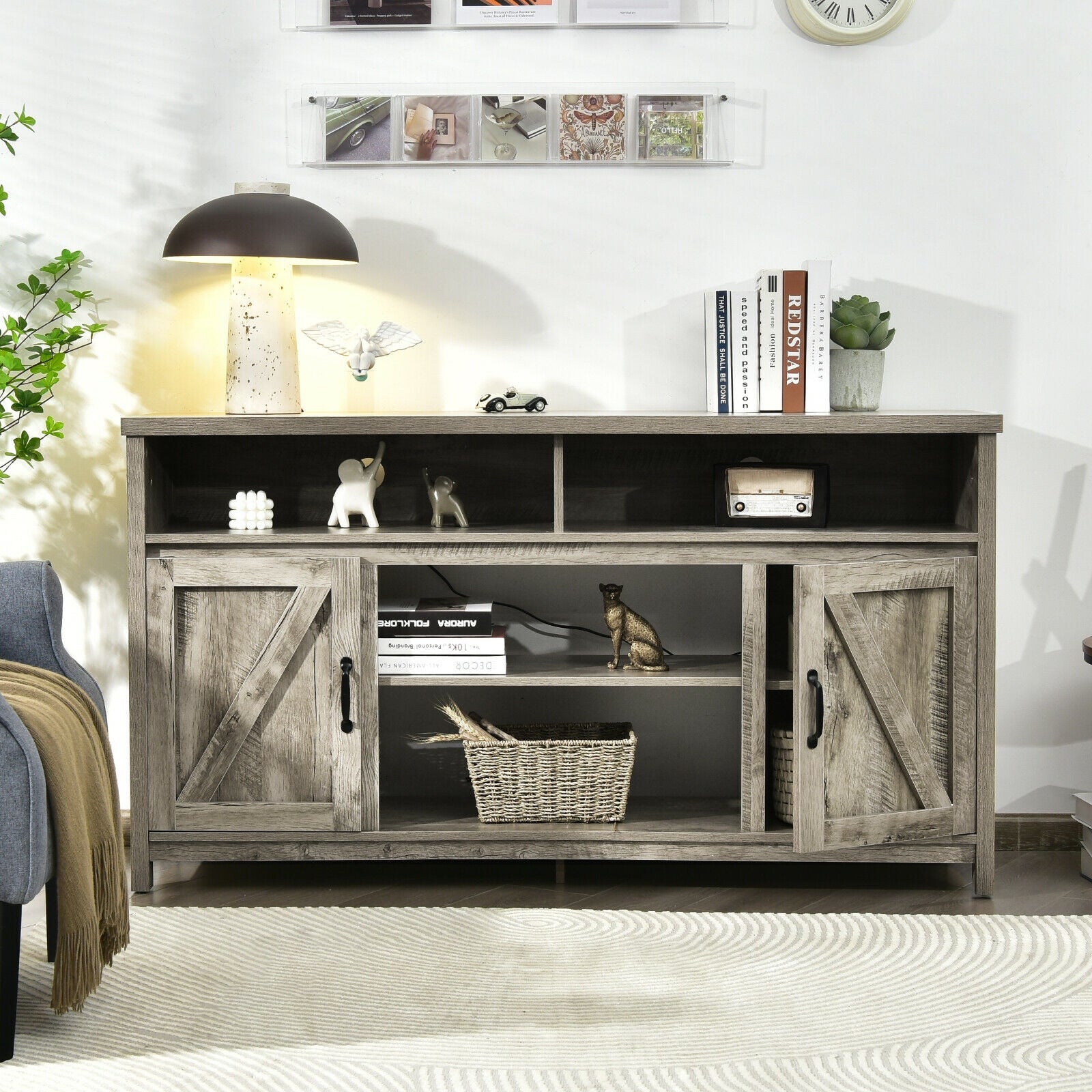 59 Inch TV Stand, Barn Door Cabinet, 65 Inch, Natural Entertainment Centers & TV Stands at Gallery Canada
