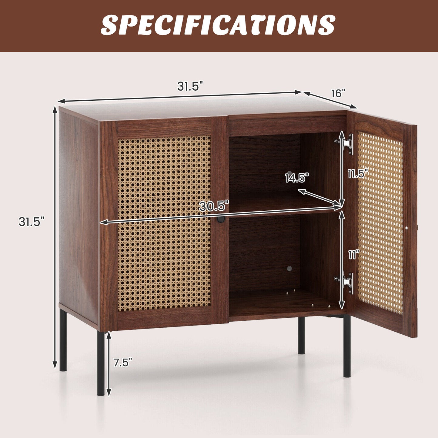Kitchen Sideboard With 2 Rattan Doors, Adjustable Shelf, Walnut Sideboards Cabinets & Buffets at Gallery Canada